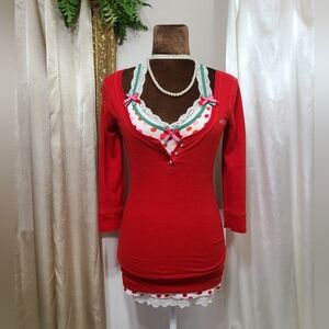 ♡ Y2K ♡ Hollister Red Blingy Button Waffle Thermal Babydoll Henley